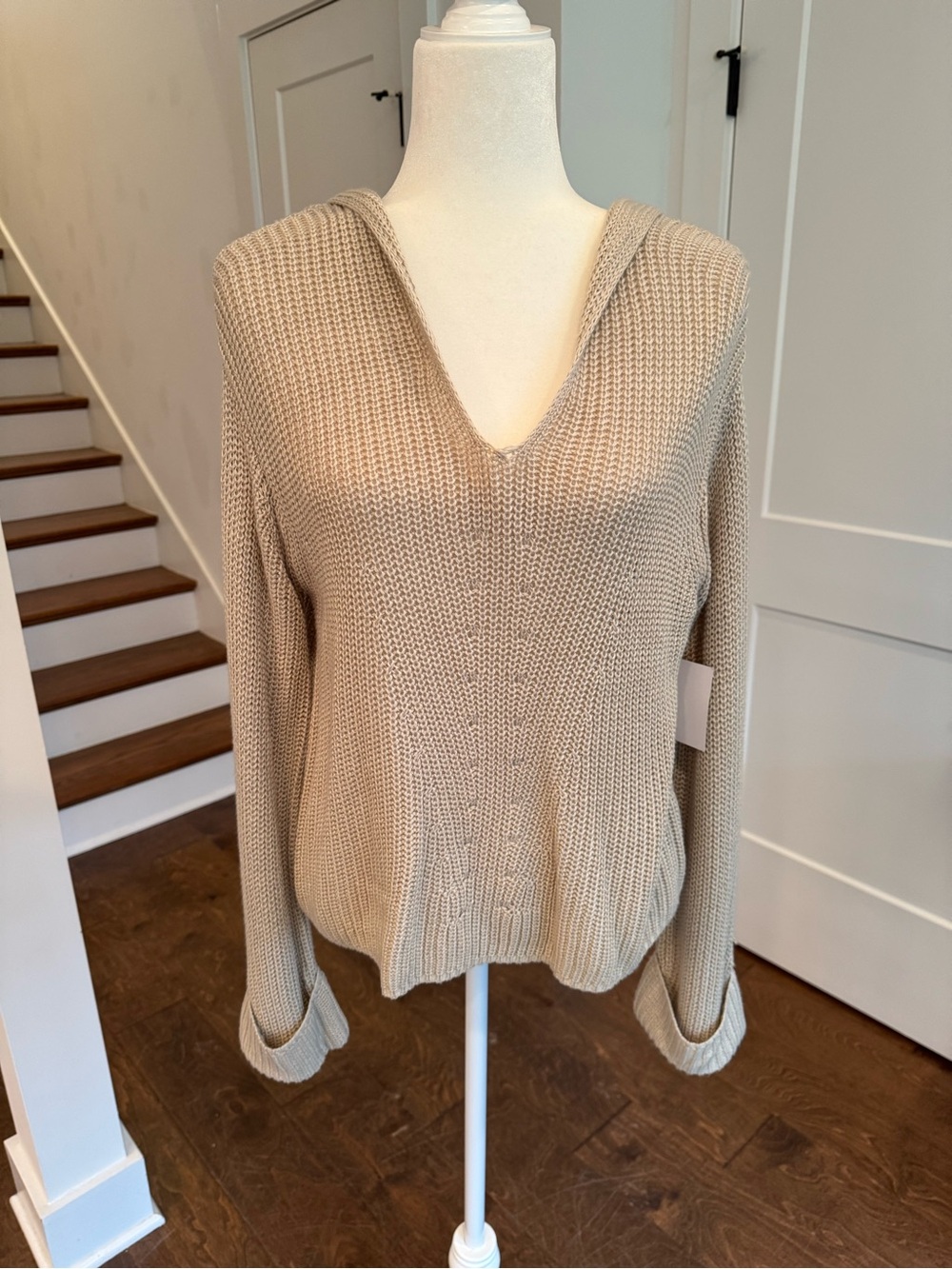 Freshman V-Neck Hooded Knit Sweater in Taupe